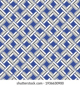 strict geometric seamless pattern. intersecting diagonal white, gray, black stripes of different widths are grouped and lined up in a certain order on a blue background. vector
