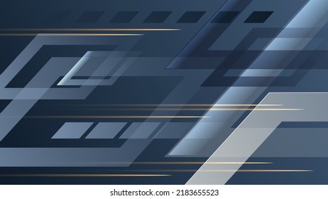 Strict geometric wallpaper in blue-gray tones. Meteorites against the background of overlapping translucent shapes, polygons, stripes. Vector.