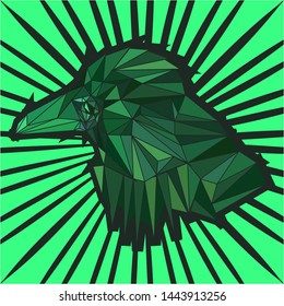 Strict green bird on a light green background. Silhouette of the head of a crow of triangular elements.