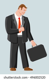 Strict harsh man with business case and mobile phone. Man with brown hair wearing business suit, white shirt and red striped tie
