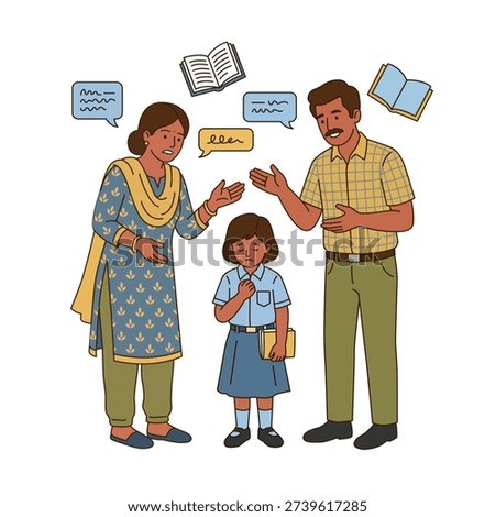 Strict Indian parents scolding sad school girl in uniform about academic studies
