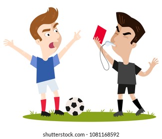 Strict looking cartoon football referee blowing whistle, holding red card, sending off complaining outfield player isolated on white background