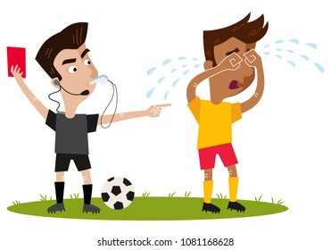 Strict looking cartoon football referee blowing whistle, holding red card, sending off crying player isolated on white background