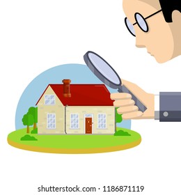Strict male auditor with glasses and a huge magnifying glass checks the property. Considering a suburban home for sale or purchase. Search for housing for rent.
