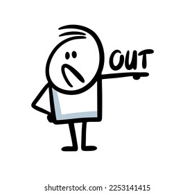 Strict man points his finger at the exit and demands to get out.  Vector illustration of a disgruntled stickman.