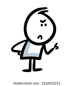 Strict man telling something to the people and show with finger. Vector illustration of funny doodle character.