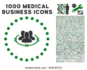 Strict Management icon with 1000 medical business green and gray vector pictograms. Design style is flat bicolor symbols, white background.