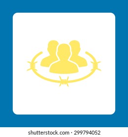 Strict management icon. Vector style is yellow and white colors, flat rounded square button on a blue background.