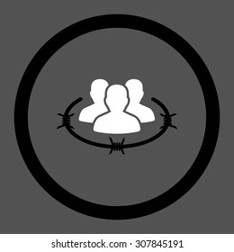 Strict management vector icon. This rounded flat symbol is drawn with black and white colors on a gray background.