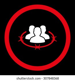 Strict management vector icon. This rounded flat symbol is drawn with red and white colors on a black background.