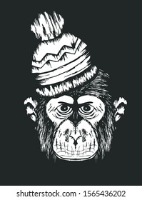 Strict Monkey Muzzle Wearing Warm Winter Hat Vector Hand Drawn Illustration. Artistic Black and White Animal Wearing Bowtie