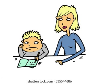 Too strict mother psychologically presses on her restless active lazy child, forcing him to to learn unloved and boring subject