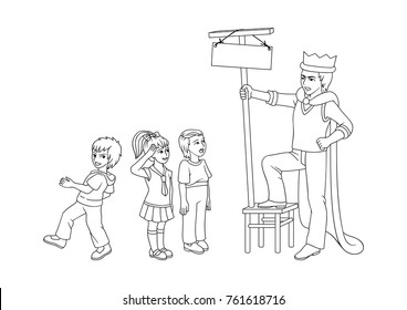 A strict parent gives instructions to children. The girl listens attentively and calmly. The boy listens intently, is afraid of punishment or censure. The second boy runs away, unwilling to listen.