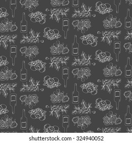 Strict pattern with sketch images. Sketch set of apricot, strawberry, blueberry, bottle. Gray background. Single-colored cover. Hand Drawn Doodles illustration.