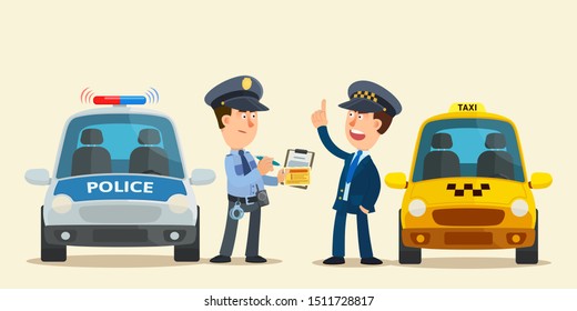 Oficial de policía estricto que le aplica una multa al taxista. El taxista emocional supera el límite de velocidad, infracción de tránsito. Ilustración vectorial, diseño plano, estilo caricatura. Fondo aislado.Vista lateral.