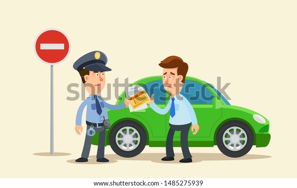 Strict police officer writing a fine to
driver for driving under the sign - no entry. No entry road sign.
Driver disappointed. Vector illustration, flat design, cartoon
style. Isolated
background.