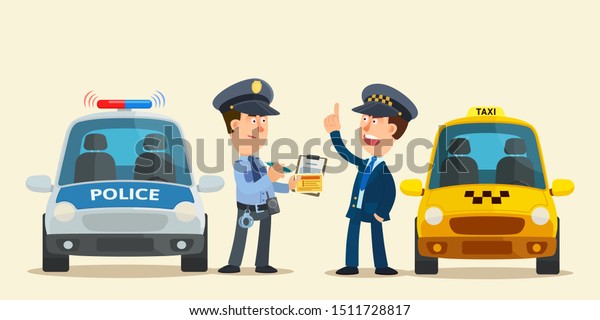 Strict police officer writing a fine to taxi cab\
driver. Emotional taxi driver exceed speed limit, traffic\
violation. Vector illustration, flat design, cartoon style.\
Isolated background. Side\
view.