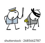 Strict policeman caught robber, takes to police station or jail. Vector illustration of stickman with rubber baton and criminal in  black mask. Cartoon man stole money bank, pickpocket and  fraudster.