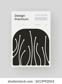 Strict poster with organic shapes and curved lines. Bold black forms, contemporary graphic design aesthetic.