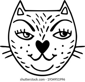Strict serious big-eyed tabby cat. Funny face of a cute kitty. Cartoon pet for children. Nice vector illustration for nursery icons, prints and patterns design. Black hand-drawn animal doodle. 