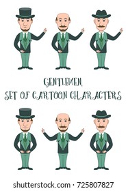 Strict Slender Gentleman in Hats and Business Suit Points with His Hand at Your Text or Image. Set of Funny Cartoon Characters for Your Design, Isolated on White Background. Vector