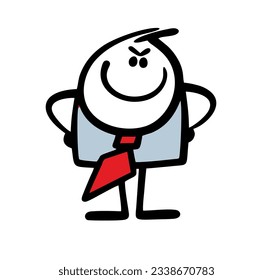 Strict stickman boss looks attentively at subordinate office workers. Vector illustration of business company leader in teamwork. Funny character isolated on white background.