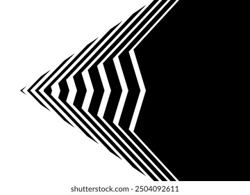 Estricta flecha de Vector a rayas hecha de líneas negras sobre un fondo blanco con espacio para texto. Elemento de diseño moderno. Patrón deportivo en la carrocería del coche, juguete, navegación. Puntero. Vector de fondo. Transición.