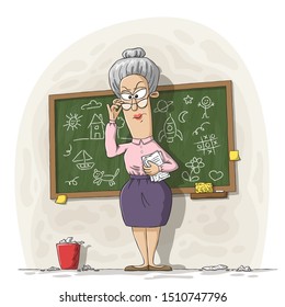 Strict teacher in front of a blackboard. Hand drawn vector illustration with separate layers.