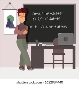 Strict teacher in front of a blackboard with mathematical formulas.