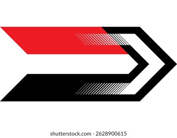 Strict Vector red and black arrow. Striped design element. Sports pattern. Direction indicator, navigation. Racing application for car, motorcycle, boat, sports car and toy. Vector background