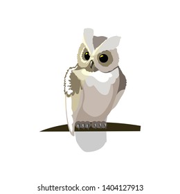 
Strict white owl on a branch on a white background isolated. Vector illustration.