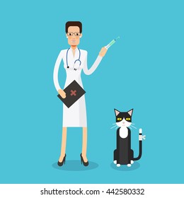 Strict woman doctor with a syringe is going to be vaccinated cat. The cat bandaged tail. Vector character in flat style. Veterinary concept