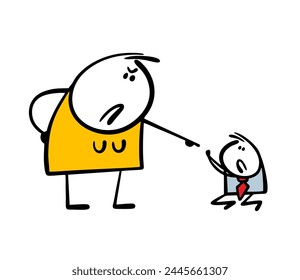 Strict woman points her finger at a man in a suit. Vector illustration of feminism. Cartoon wife offends husband on  knees . Isolated funny couple of family characters on white background.