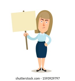 Strict woman protestor holding blank banner. Women struggle for gender equality, activist, demonstrator. Space for text. Vector illustration, flat cartoon design element. Isolated on white background.