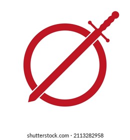 Strictly forbidden, the entrance to paradise is closed, a prohibition sign blocked by a sword. Military cordon, checkpoint. Flat vector illustration isolated on white background.