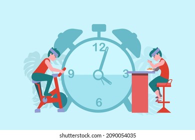 Strictly planned eating and exercise schedule. Illustration of indoor cycling and eating with alarm clock for Healthcare promotion concept.