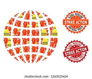 Strike action collage of revolting globe, grunge and clean seals. Globe collage designed for Gilet Jaunes protest illustrations. Vector abstract collage of globe against fuel price rising.