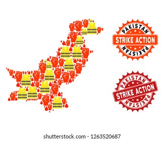 Strike action collage of revolting map of Pakistan, grunge and clean seal stamps. Map of Pakistan collage designed for Gilet Jaunes protest illustrations.