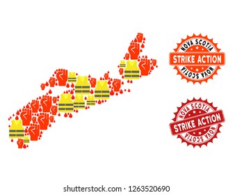 Strike action collage of revolting map of Nova Scotia Province, grunge and clean stamps. Map of Nova Scotia Province collage formed for Gilet Jaunes protest illustrations.