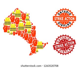 Strike action collage of revolting map of Ontario Province, grunge and clean seals. Map of Ontario Province collage designed for Gilet Jaunes protest illustrations.