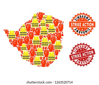 Strike action collage of revolting map of Zimbabwe, grunge and clean seal stamps. Map of Zimbabwe collage composed for Gilet Jaunes protest illustrations.
