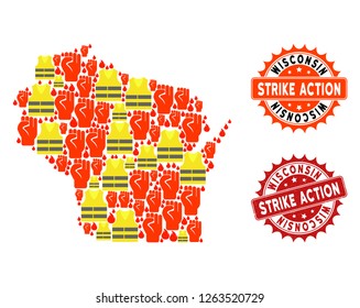 Strike action collage of revolting map of Wisconsin State, grunge and clean seals. Map of Wisconsin State collage created for Gilet Jaunes protest illustrations.