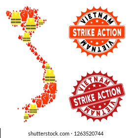 Strike action collage of revolting map of Vietnam, grunge and clean seal stamps. Map of Vietnam collage created for Gilet Jaunes protest illustrations.