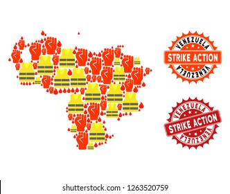Strike action collage of revolting map of Venezuela, grunge and clean seal stamps. Map of Venezuela collage designed for Gilet Jaunes protest illustrations.
