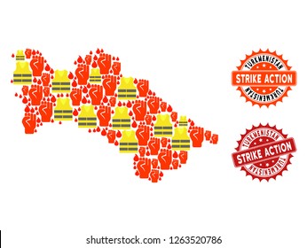 Strike action collage of revolting map of Turkmenistan, grunge and clean seal stamps. Map of Turkmenistan collage designed for Gilet Jaunes protest illustrations.