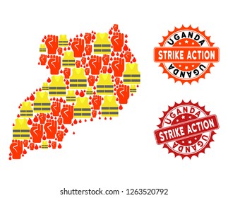 Strike action collage of revolting map of Uganda, grunge and clean seal stamps. Map of Uganda collage composed for Gilet Jaunes protest illustrations.