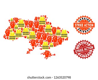 Strike action collage of revolting map of Ukraine, grunge and clean stamps. Map of Ukraine collage composed for Gilet Jaunes protest illustrations.