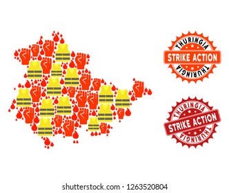 Strike action collage of revolting map of Thuringia State, grunge and clean seals. Map of Thuringia State collage created for Gilet Jaunes protest illustrations.