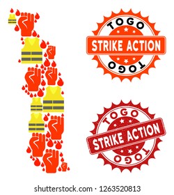 Strike action collage of revolting map of Togo, grunge and clean seal stamps. Map of Togo collage designed for Gilet Jaunes protest illustrations.