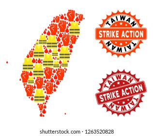 Strike action collage of revolting map of Taiwan, grunge and clean seals. Map of Taiwan collage designed for Gilet Jaunes protest illustrations.